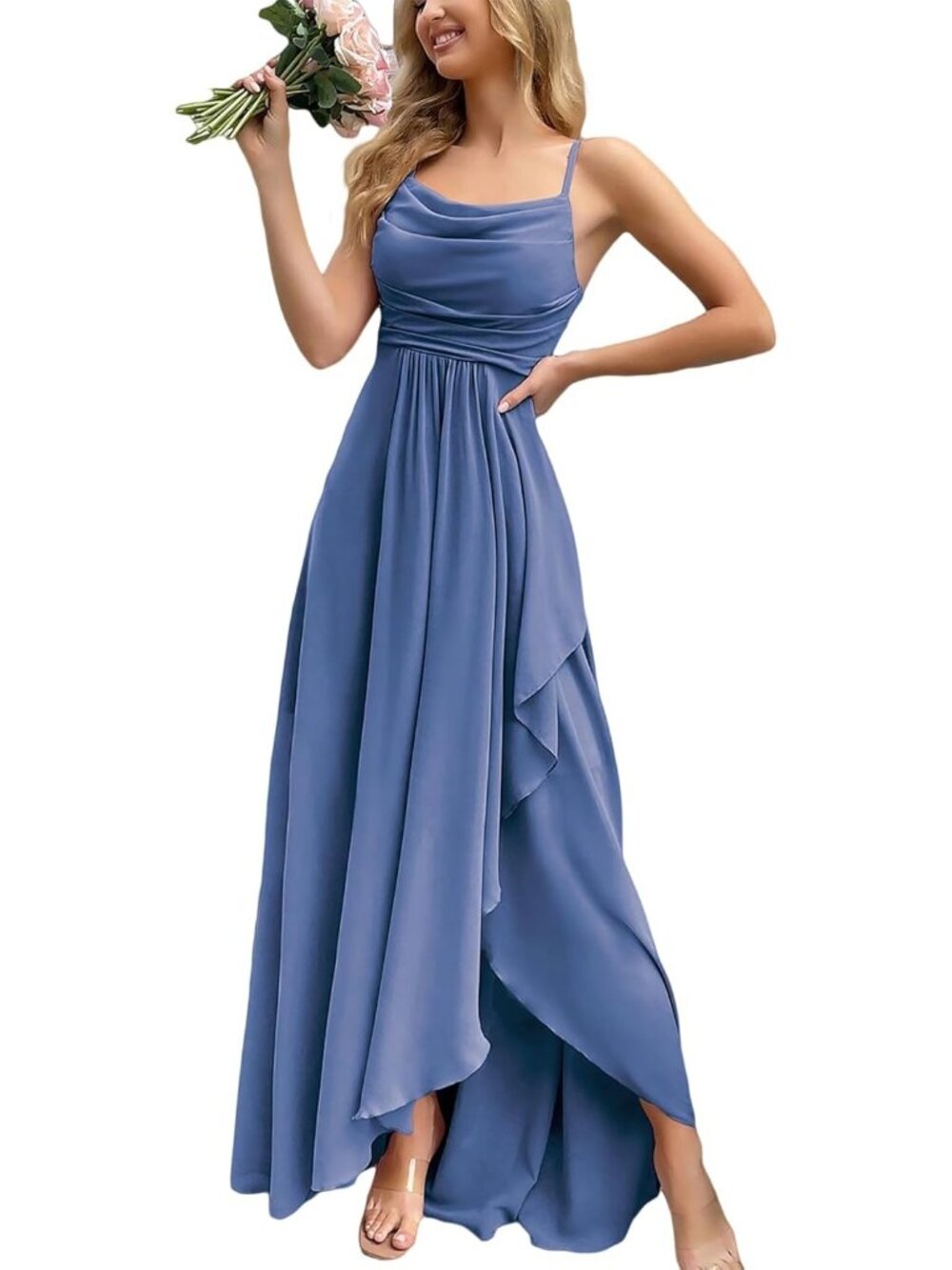 Women's Haze Blue Cowl Neck Spaghetti Strap Cocktail Bodycon Maxi Dress